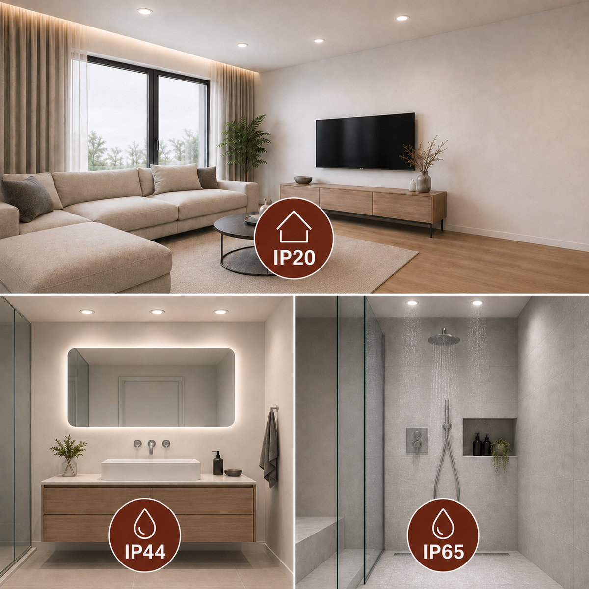 Verschiedene LED Decken-Einbauleuchten im Wohnzimmer montiert, ultra flache Bauweise 35 mm