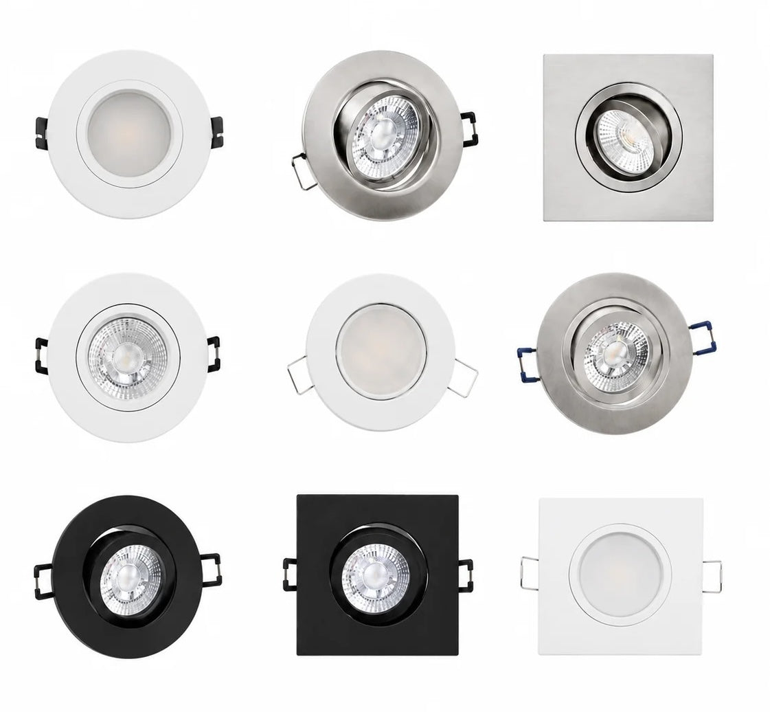 Verschiedene LED Decken-Einbauleuchten Sets von trendlights24 auf weißem Hintergrund