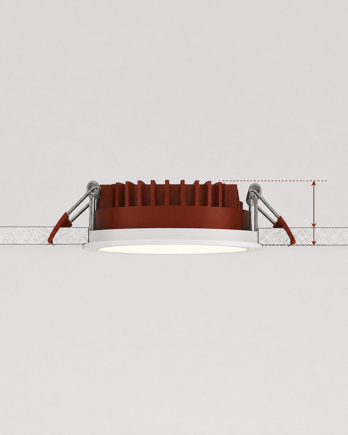 Extra flacher LED-Einbaustrahler im Querschnitt einer Gipskartondecke mit ca. 35 mm Einbautiefe