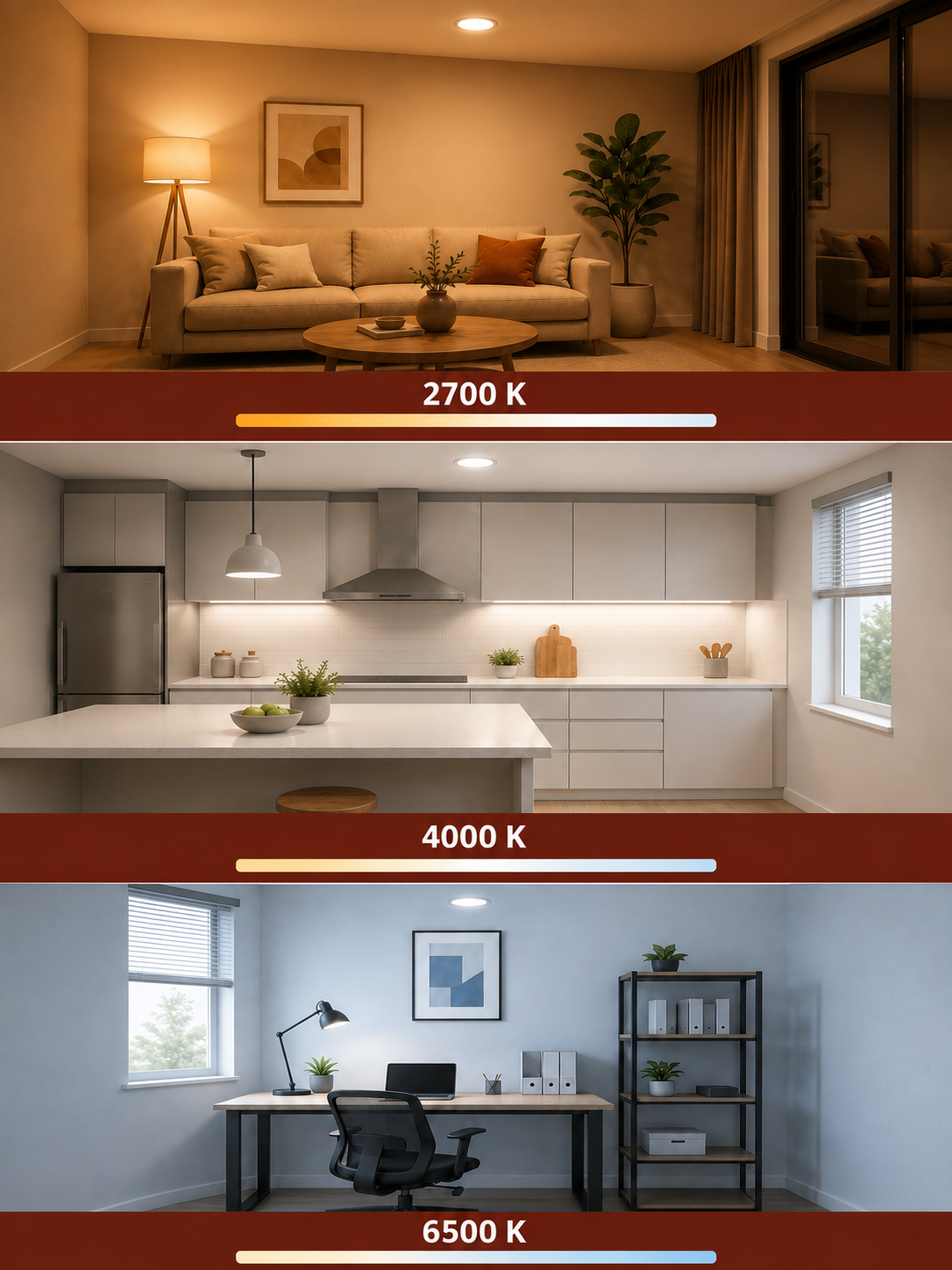 Vergleich der Lichtfarben: Warmweiß 2700 K im Wohnzimmer, Neutralweiß 4000 K in der Küche und Kaltweiß 6500 K.