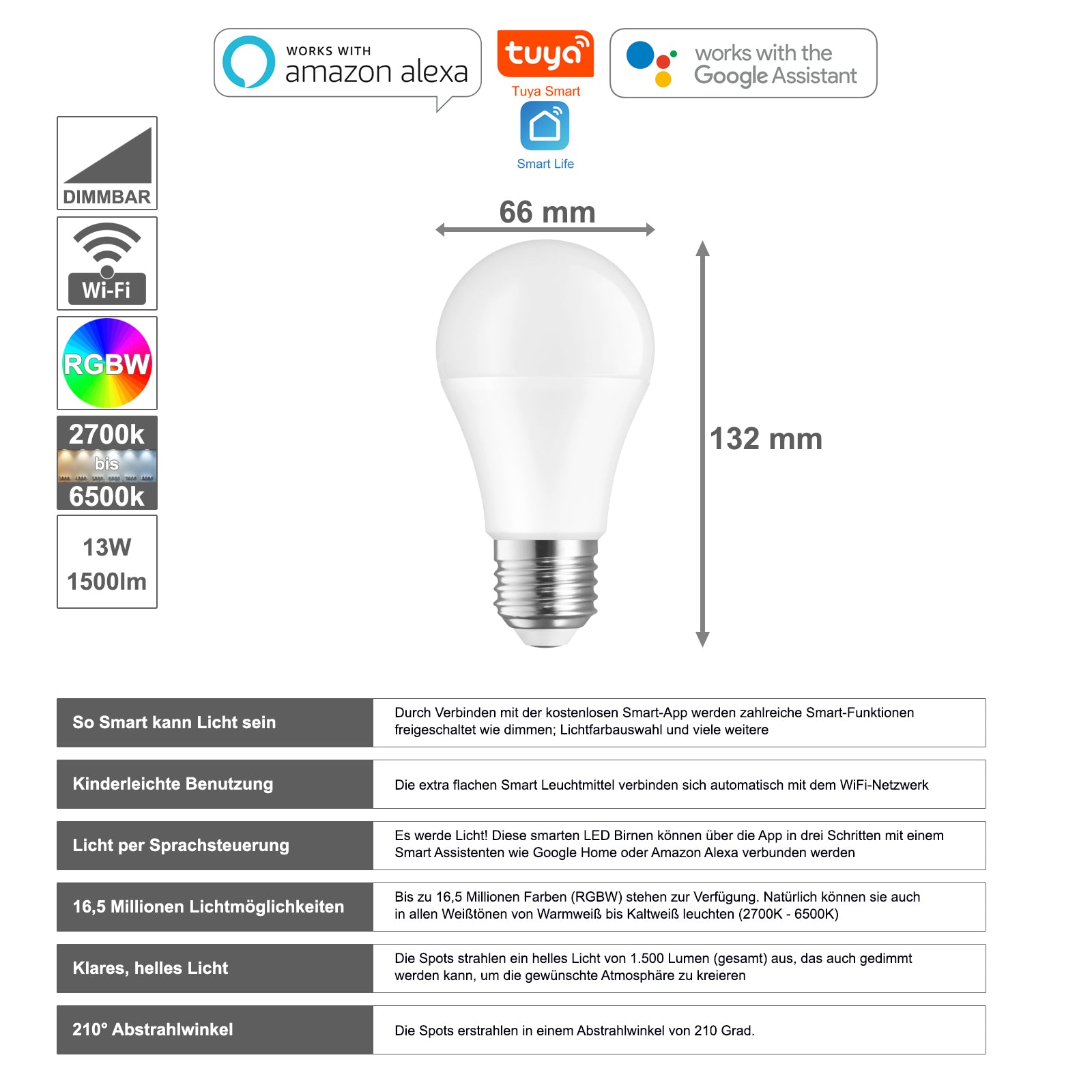 LED 230V 13W E27 Smart RGBW dimmbar WiFi Bluetooth Alexa & Google - Datenblatt