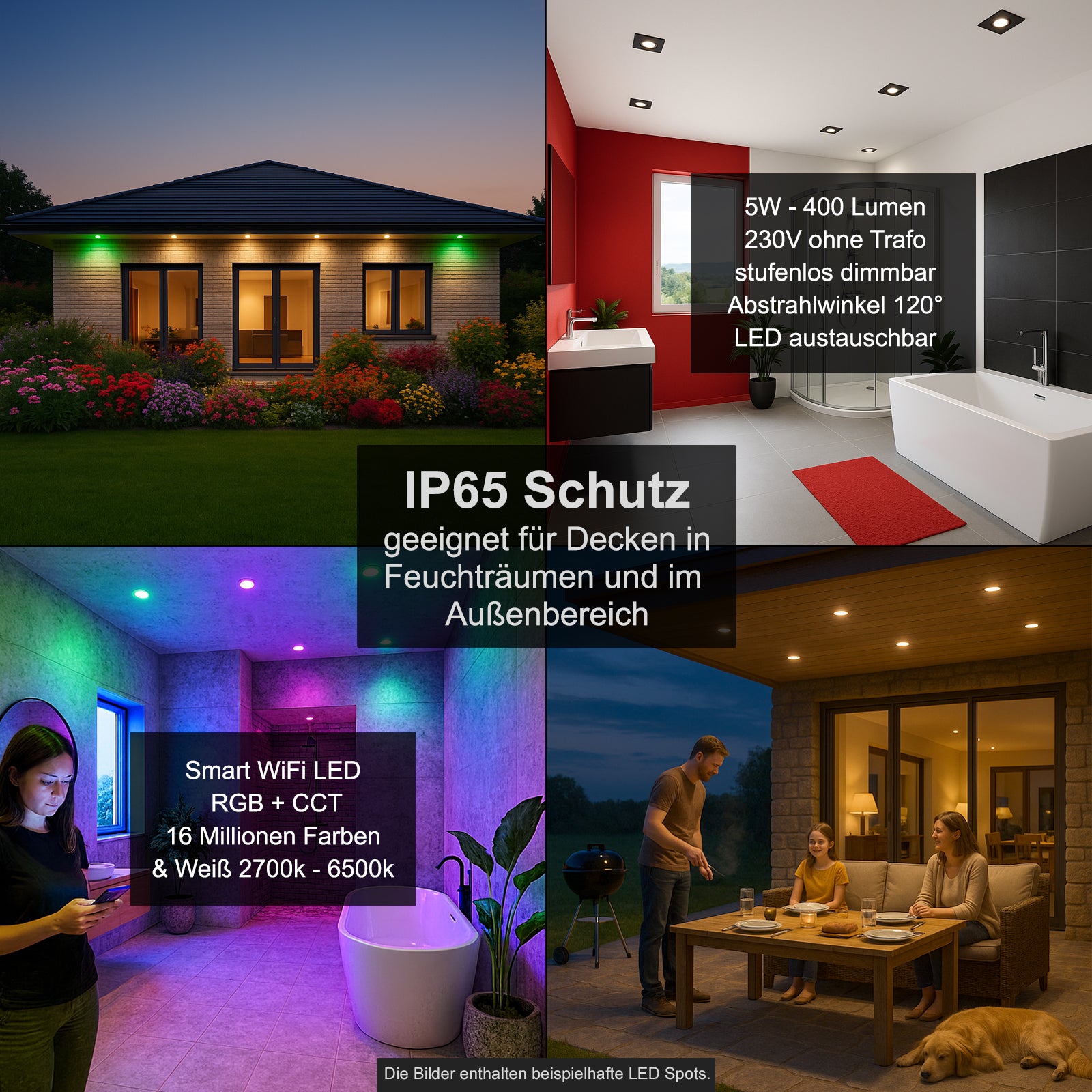 Anwendungsbeispiele und Daten für IP65 Strahler mit RGB Modul flach