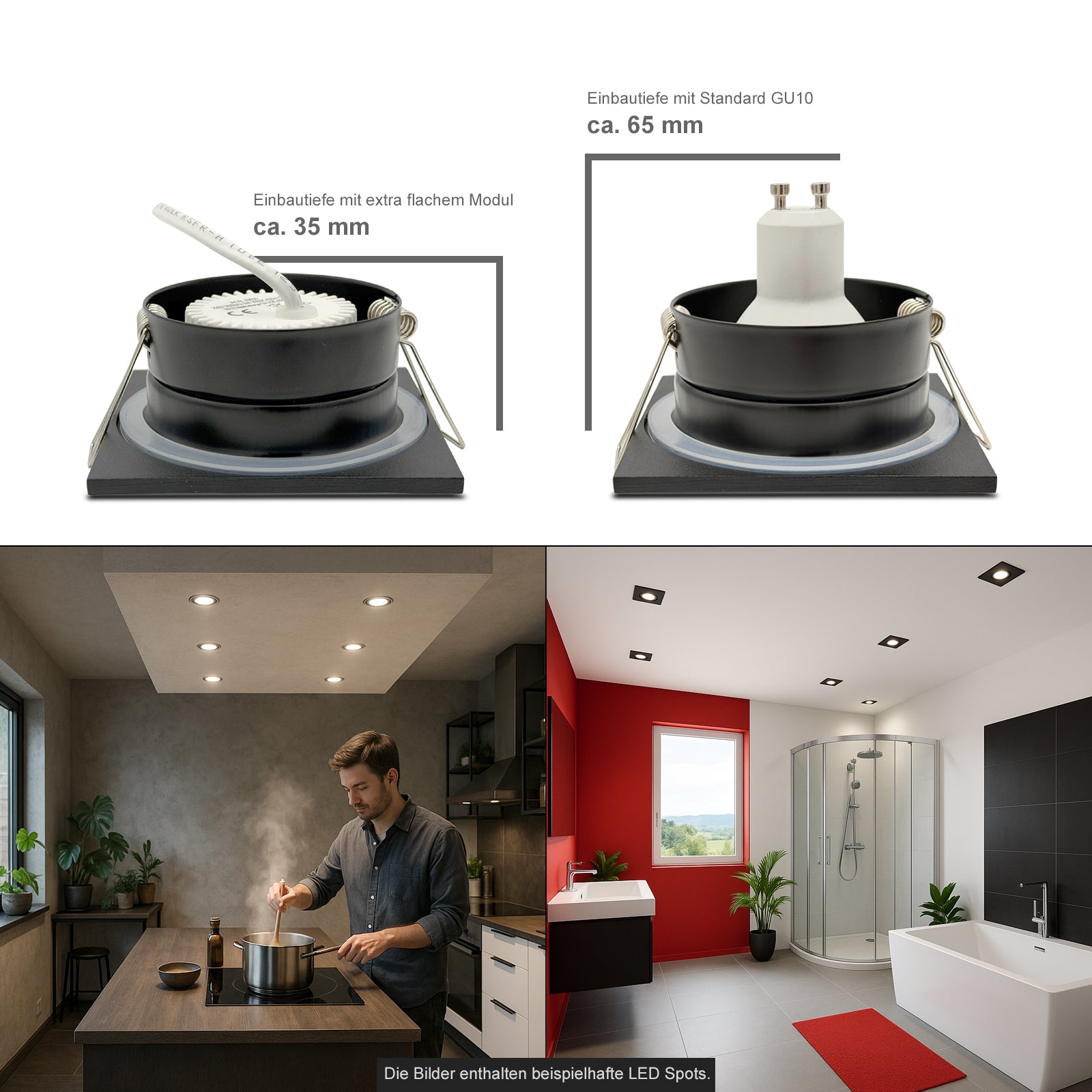 Einbaustrahler IP65 V2 Einbautiefen-Vergleich GU10 und Modul