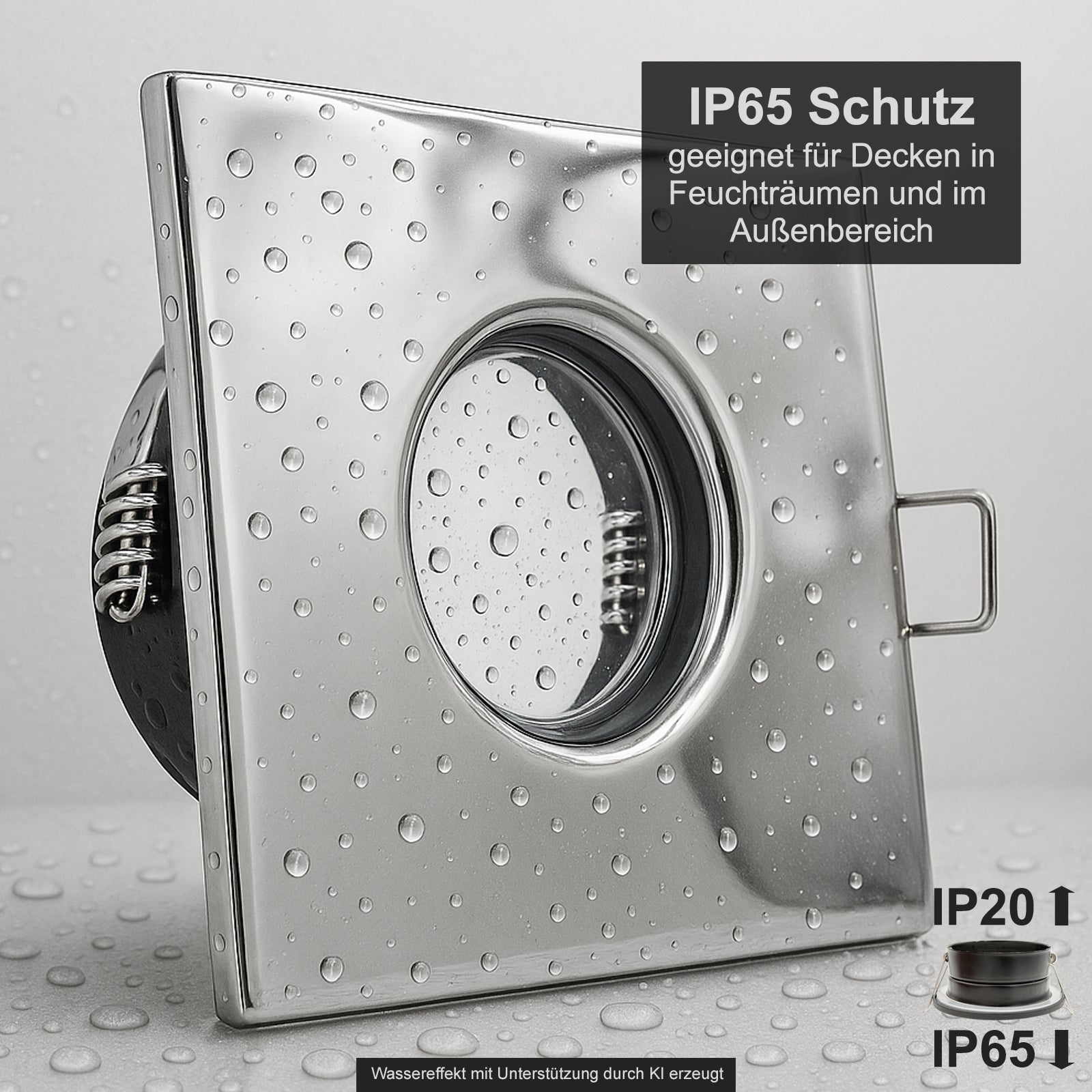Einbaustrahler IP65 V2 Chrom eckig ohne Leuchtmittel mit Wassereffekt