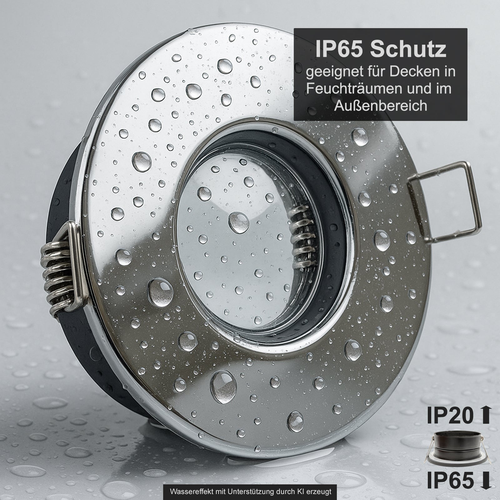 Einbaustrahler IP65 V2 Chrom rund ohne Leuchtmittel mit Wassereffekt