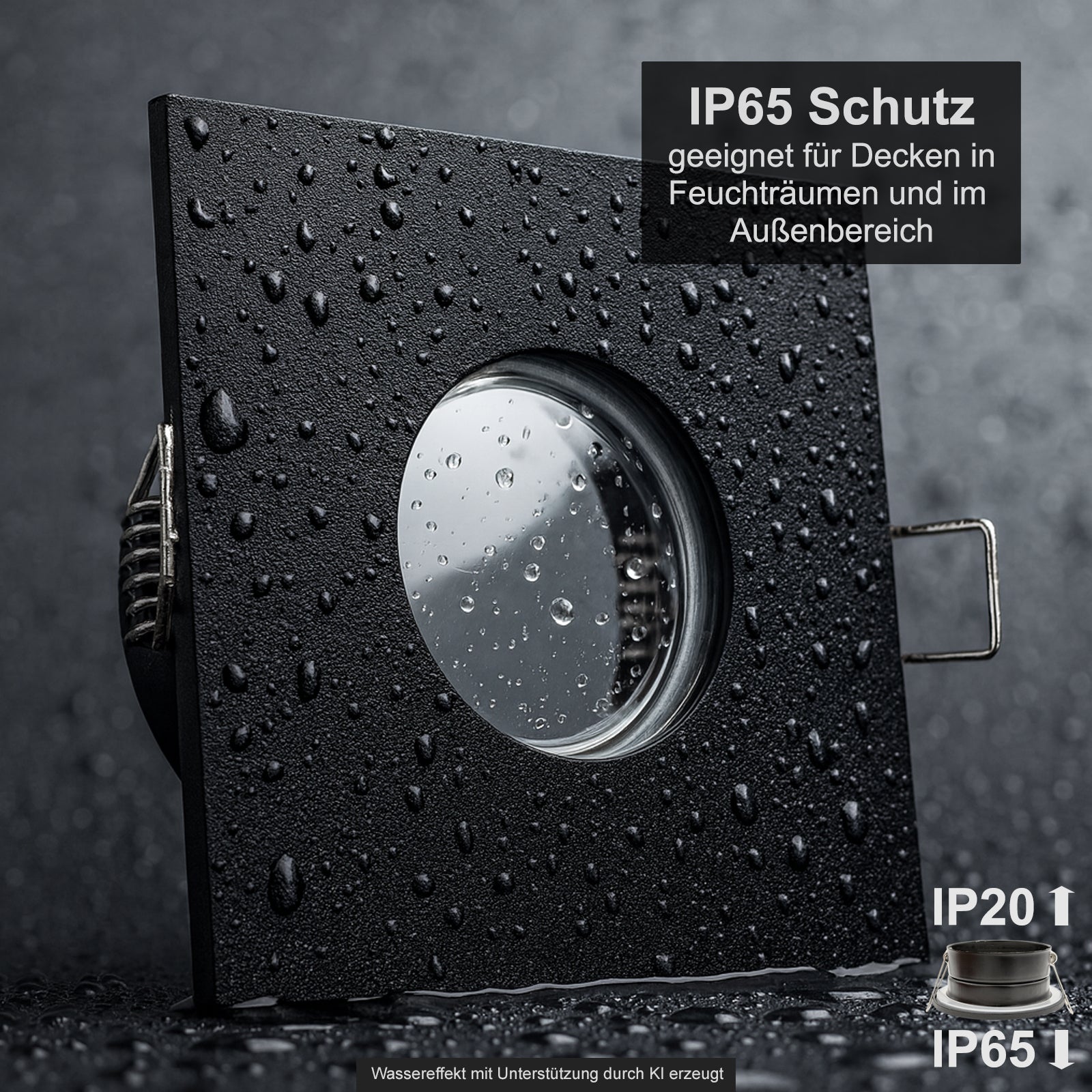 Einbaustrahler IP65 V2 Schwarz eckig ohne Leuchtmittel mit Wassereffekt