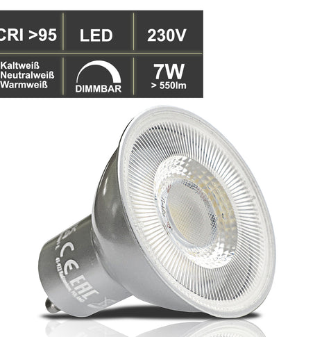 LED Leuchtmittel 7W CRI-95 dimmbar 230V MR16 GU10 Kombibild