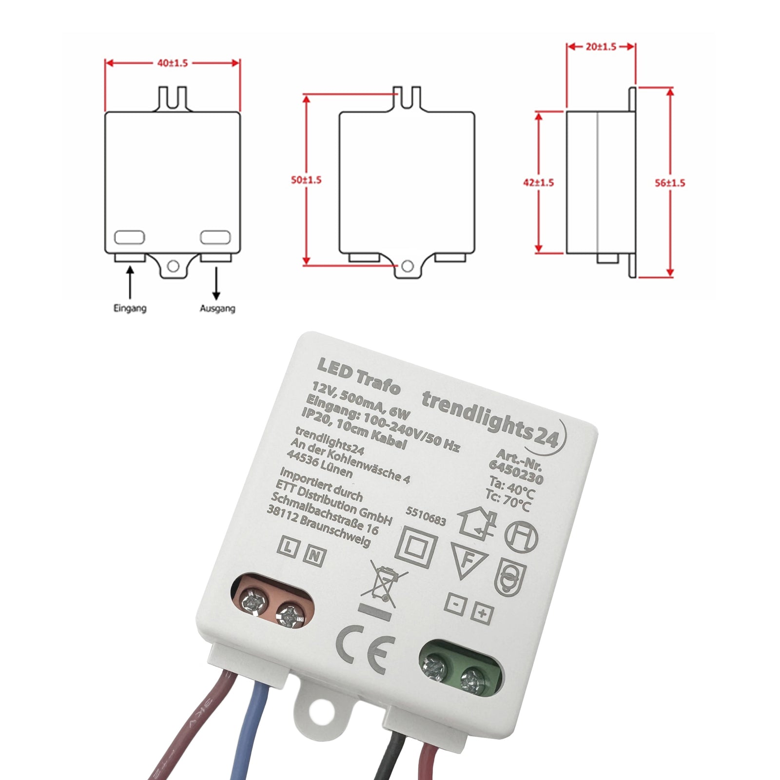 LED Trafo 12V DC Transformator Konverter 6W 40x40x20mm
