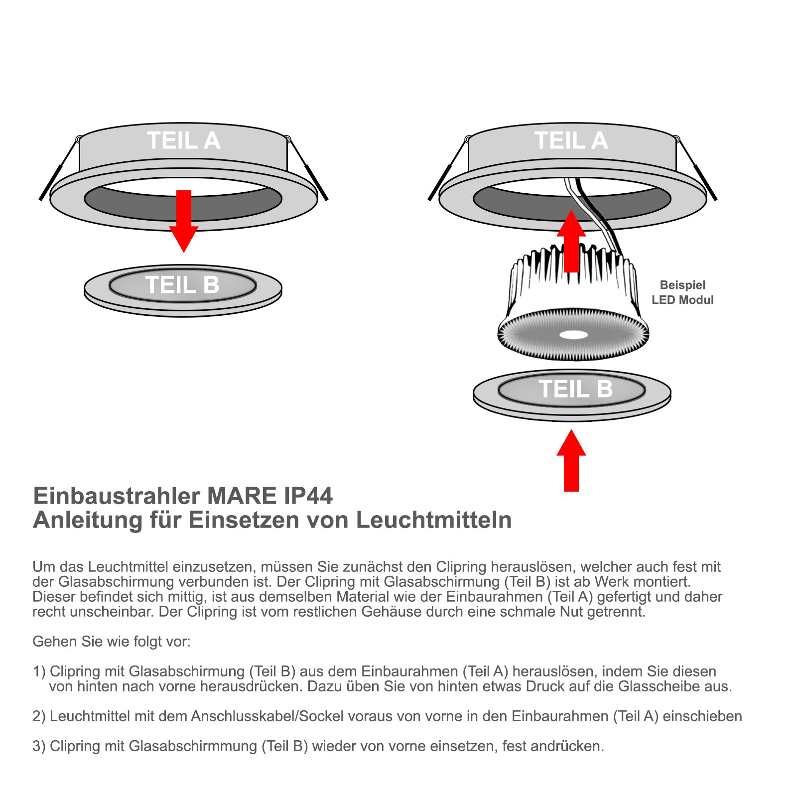 Anleitung für Einbaurahmen Mare, Einsatz von LED Modulen