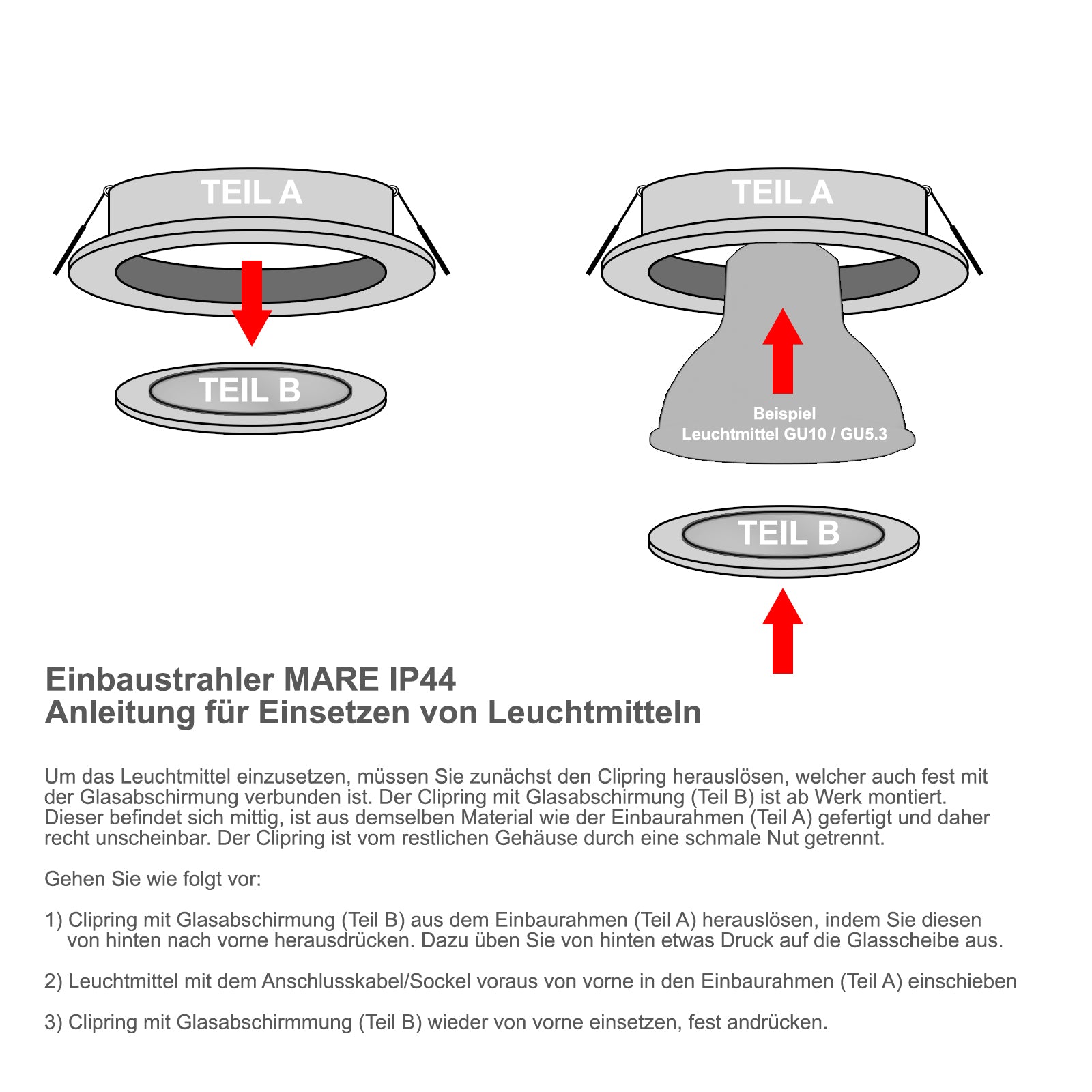 Anleitung für Einbaurahmen Mare, Einsatz von Leuchtmitteln GU10 GU53