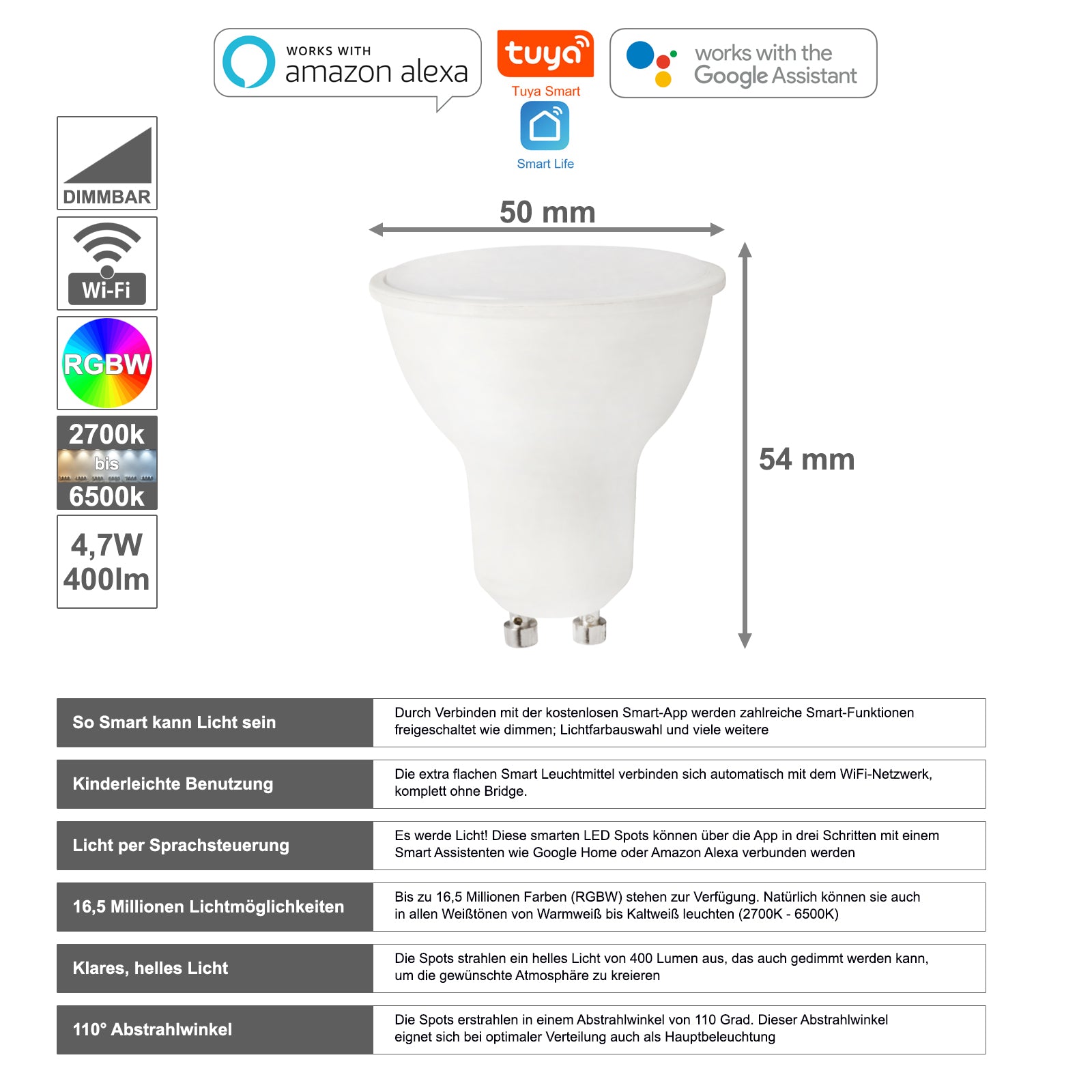 Leuchtmittel-Daten RGB GU10 LED