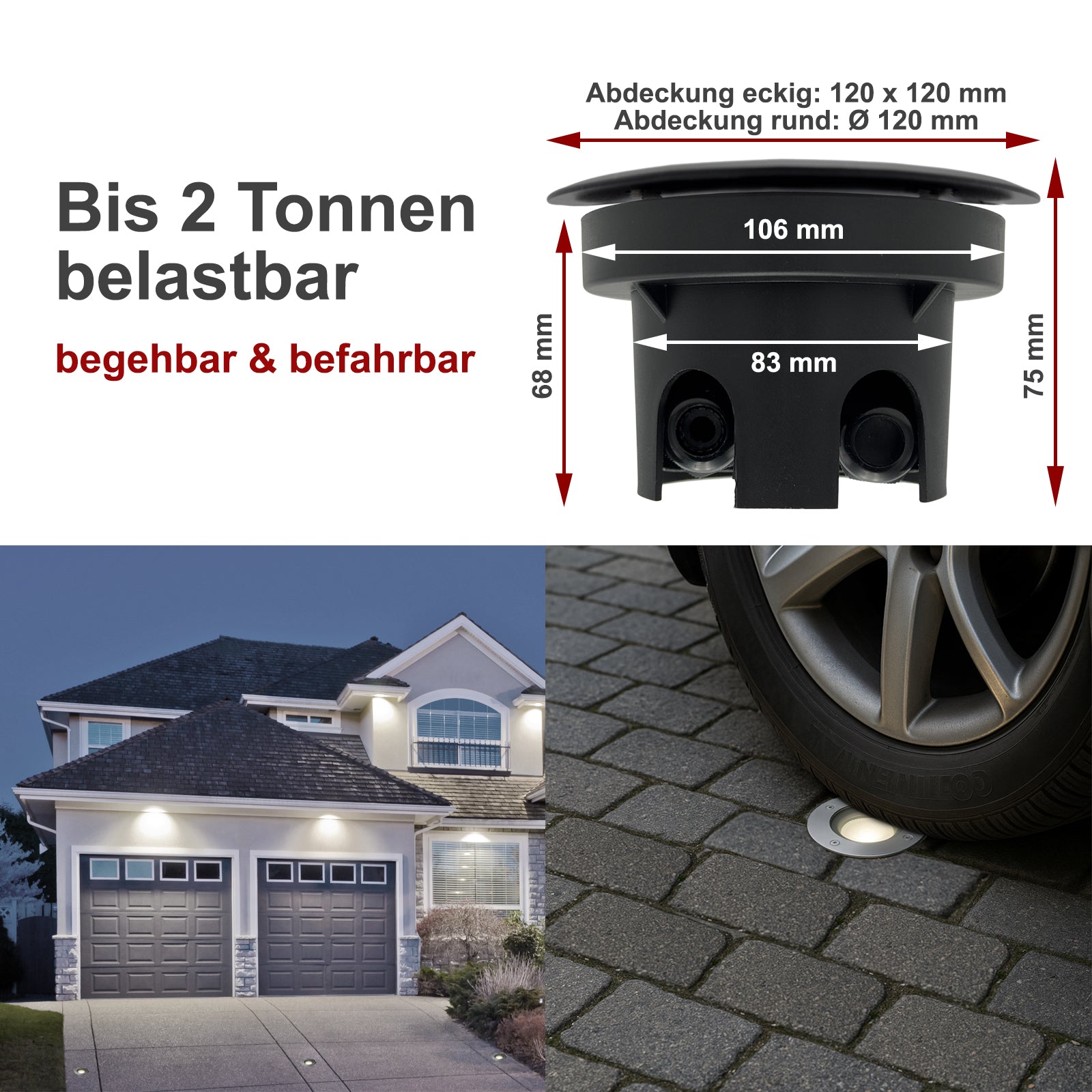 Bodeneinbauleuchte Tierra IP67 flach begehbar und befahrbar, Abmessungen