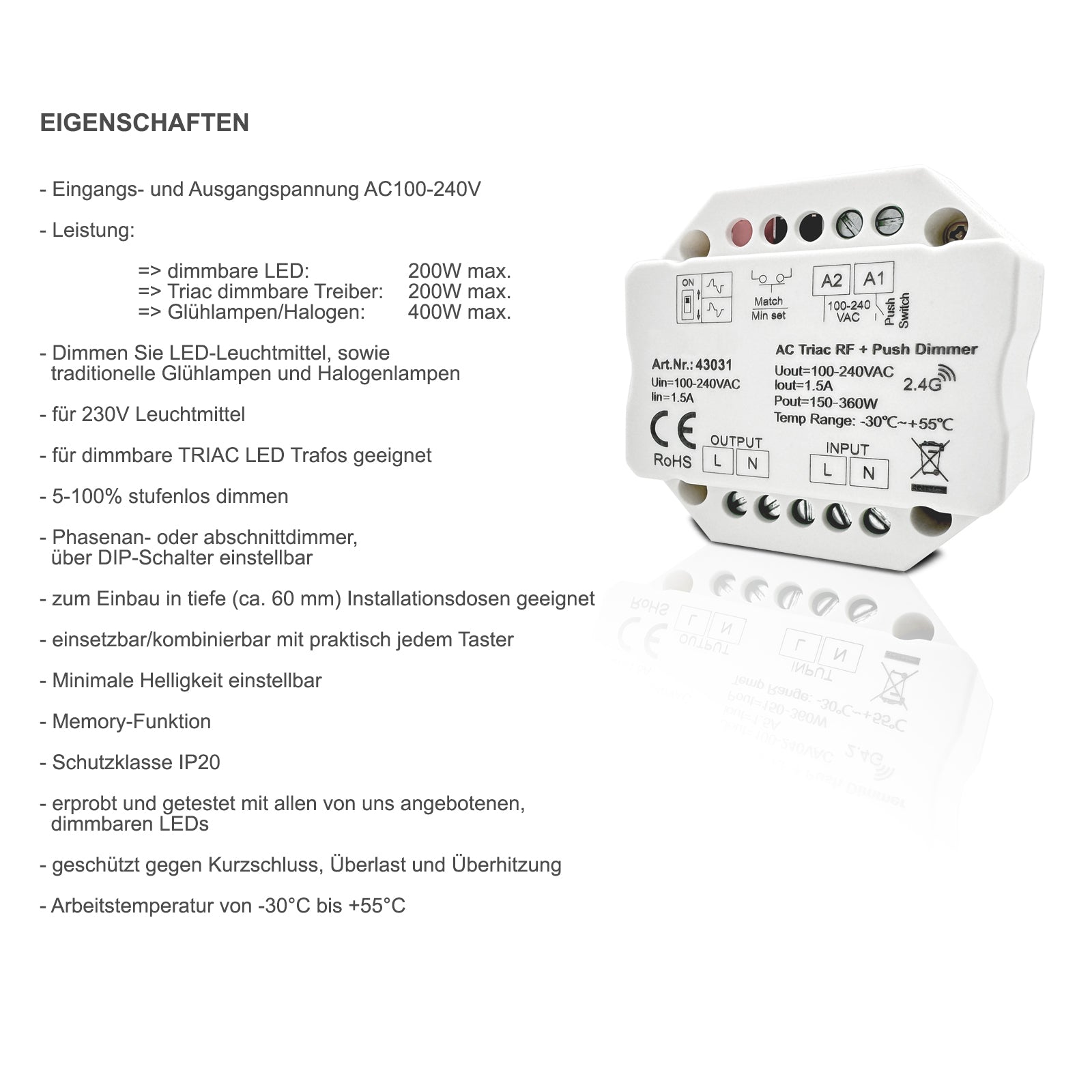 LED Dimmer 1-240 W 230V Universal Tast Dimmer Unterputz Dose 60mm stufenlos Eigenschaften