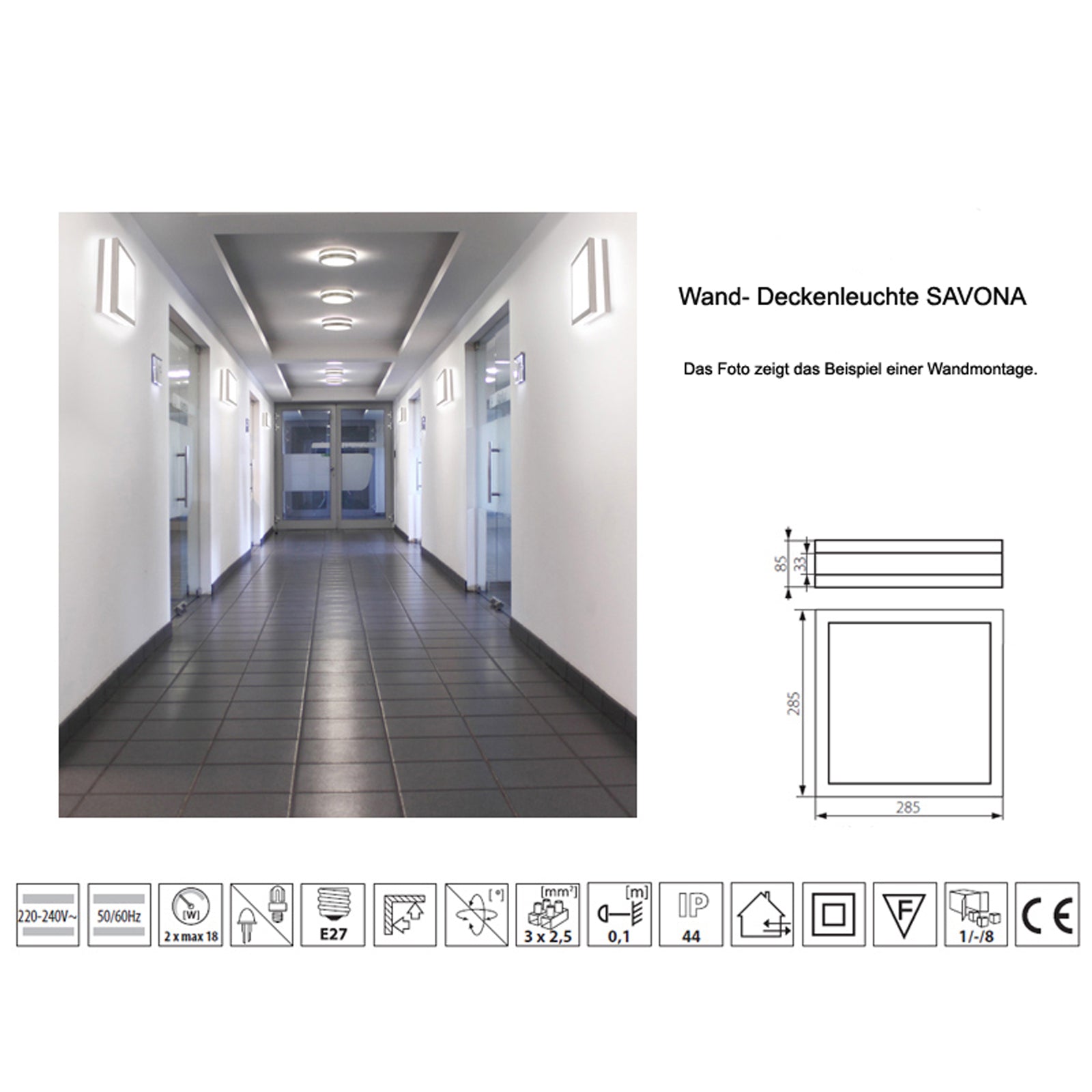 LED IP44 Wandleuchte Deckenleuchte 230V E27 Wandlampe Deckenlampe SAVONA eckig Anwendungsbeispiel