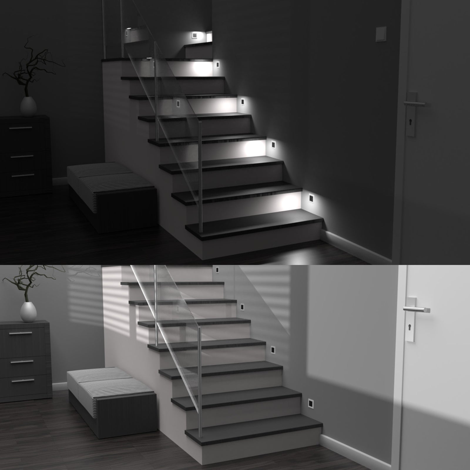 LED Treppenbeleuchtung Stufenlicht 230V 1,3W Einbau Wandleuchte ESCALA S1 Schwarz Anwendungsbeispiel