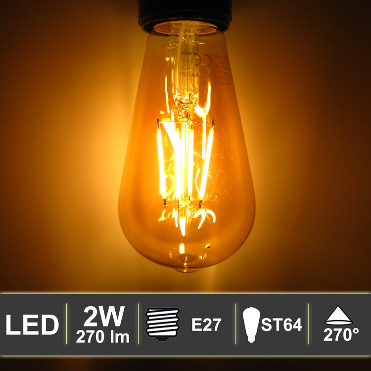 LED E27 Leuchtmittel RETRO Filament Glühbirne (ST64) 2W 230V 270°  Abstrahlwinkel 2400k